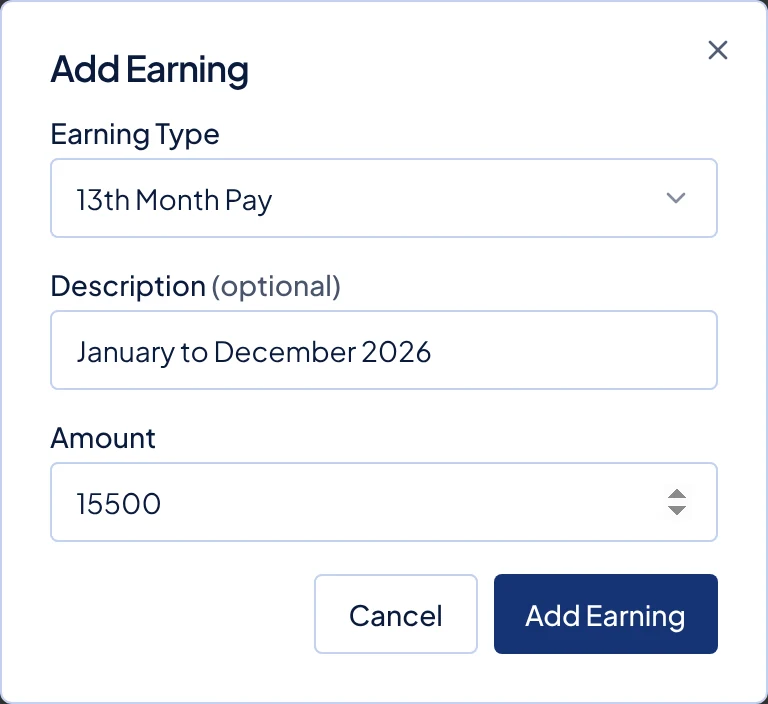The Add Earning dialog with 13th Month Pay selected and ₱15,500 for January to December 2026.