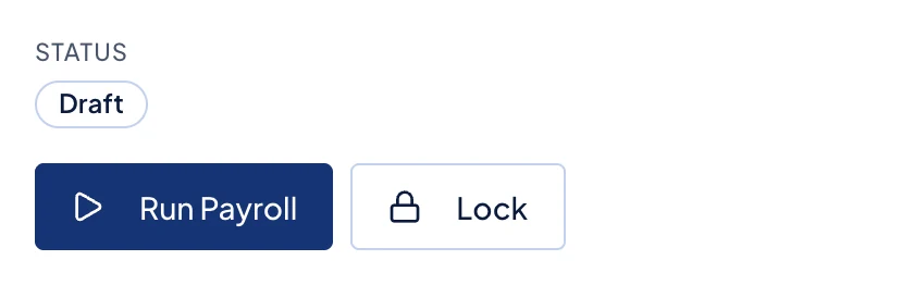 A draft payroll run, with Run Payroll and Lock beside the Draft status.