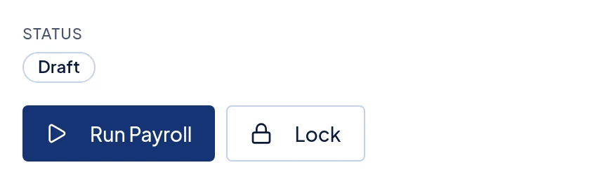 A draft payroll run, with Run Payroll and Lock beside the Draft status.