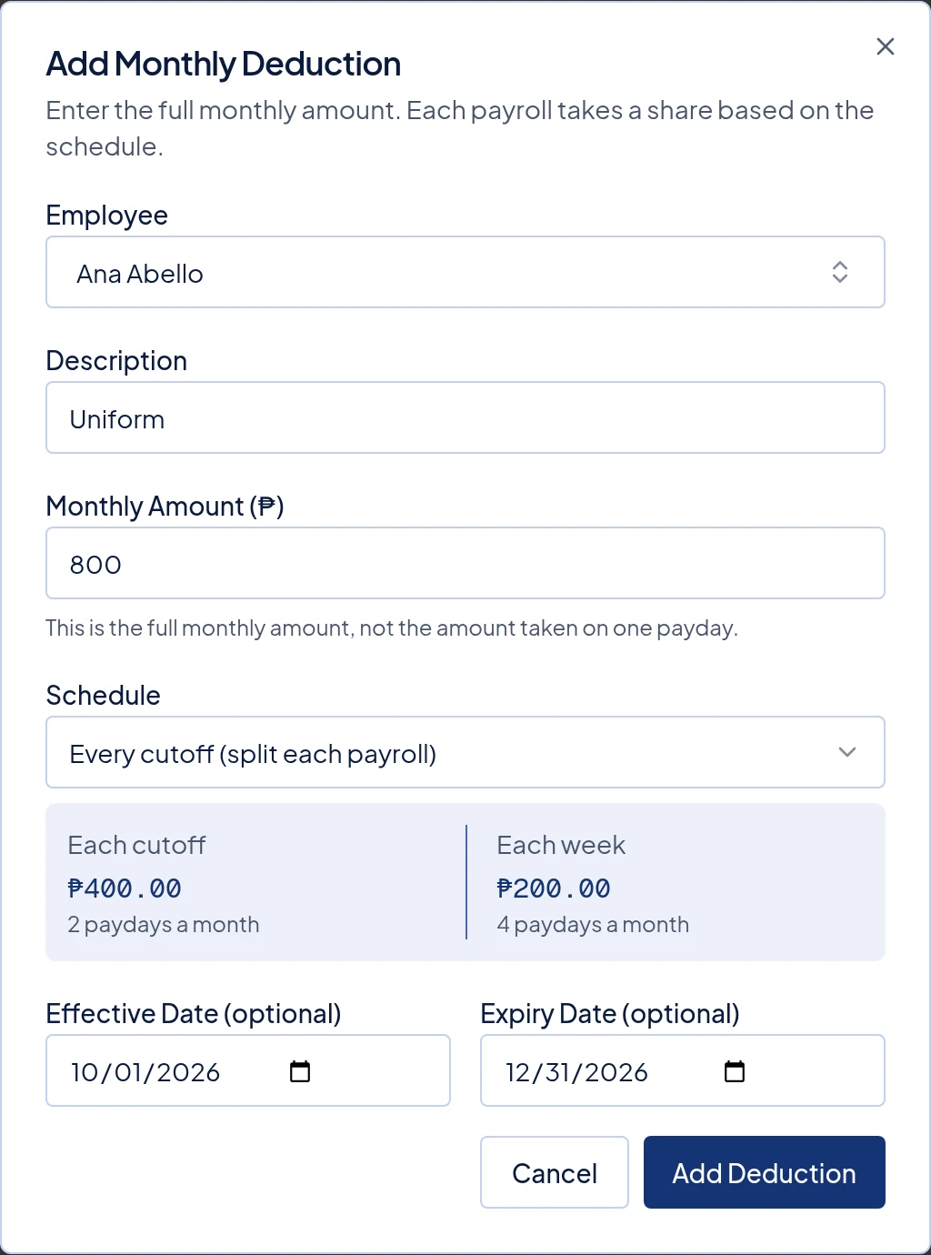 A ₱800 deduction from Oct 1 to Dec 31, 2026. Each cutoff takes ₱400.