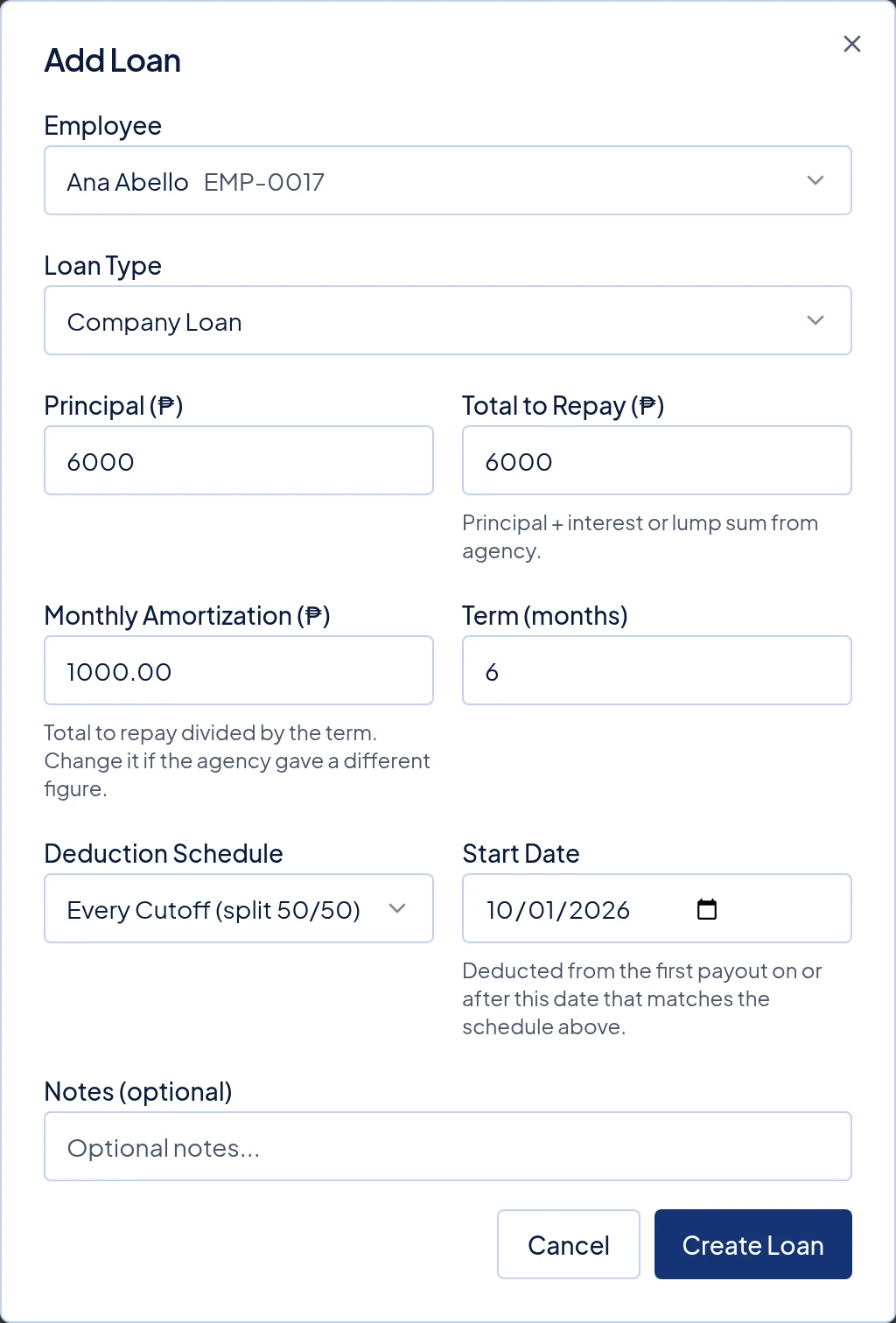 A ₱6,000 Company Loan over 6 months. Monthly Amortization fills in as ₱1,000.