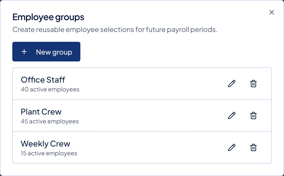 The Employee groups window, with a pencil and a bin button beside each group.