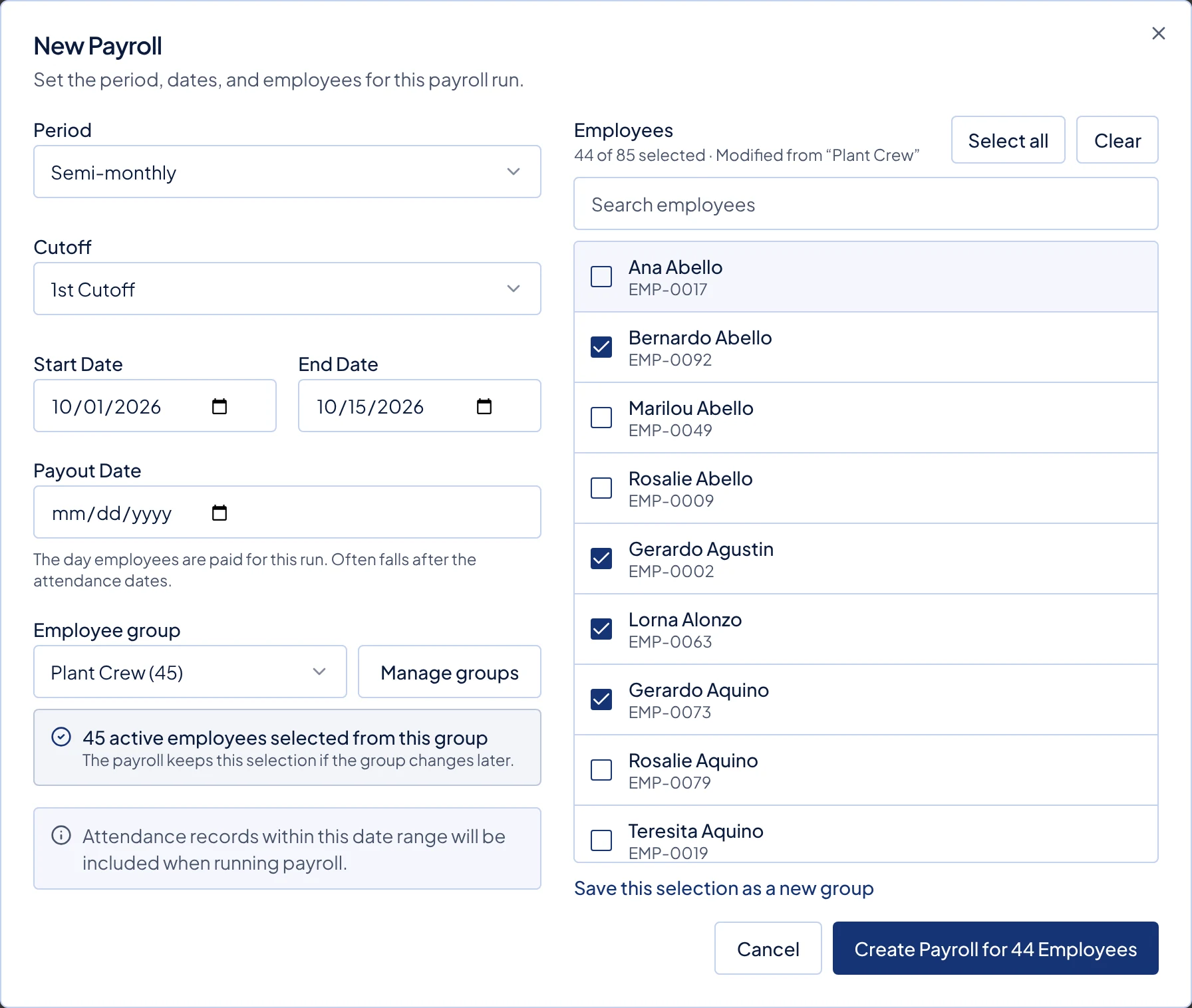 New Payroll with the Plant Crew group picked and one name unticked. The list shows Modified from Plant Crew and the Save this selection as a new group link.