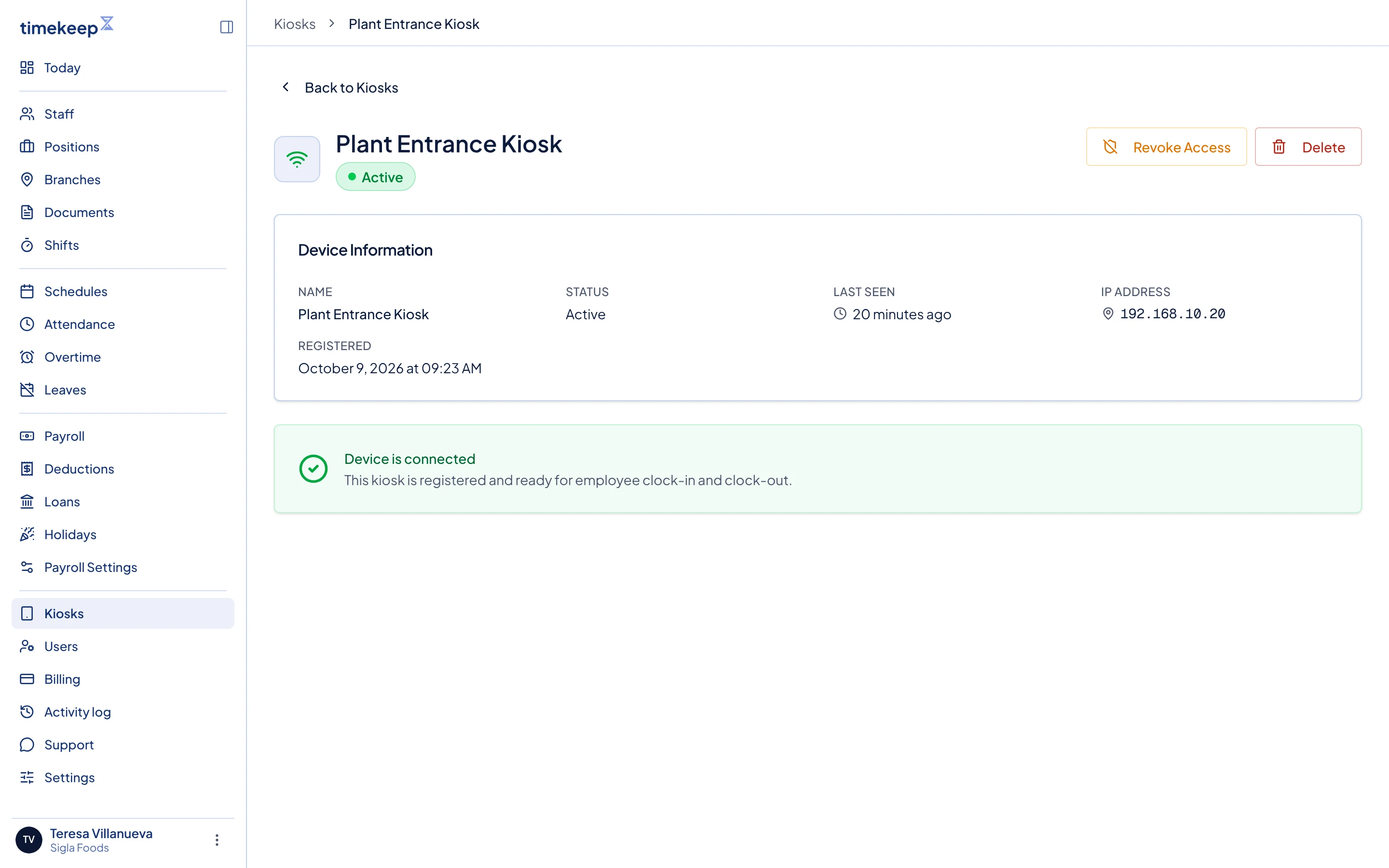 A kiosk's page, with Revoke Access and Delete at the top right.