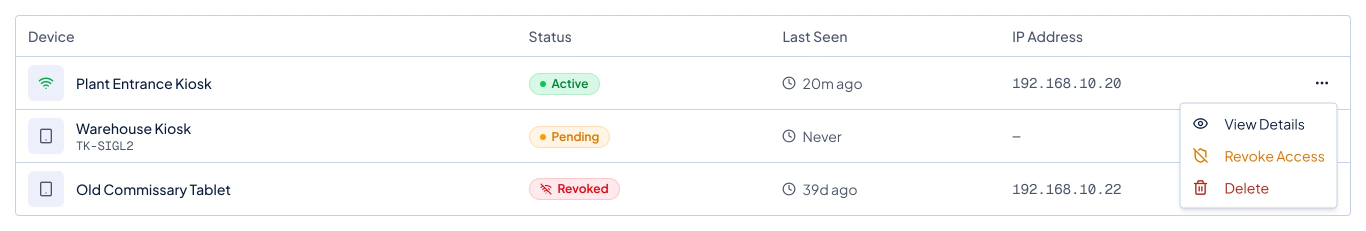 The actions menu on a kiosk row, with View Details, Revoke Access and Delete.
