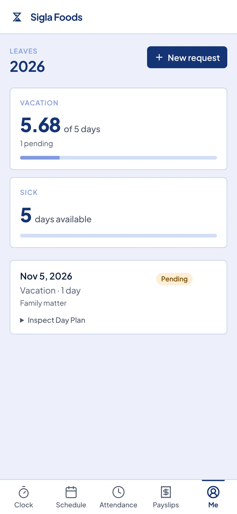 The Leaves page with a balance card for each leave policy and one pending request below them.