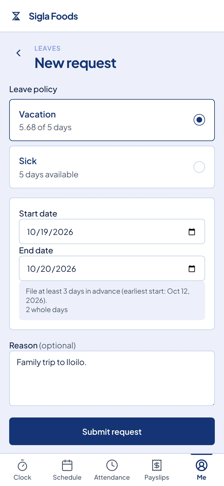 A new Vacation request for two days, with the filing rule shown under the dates.