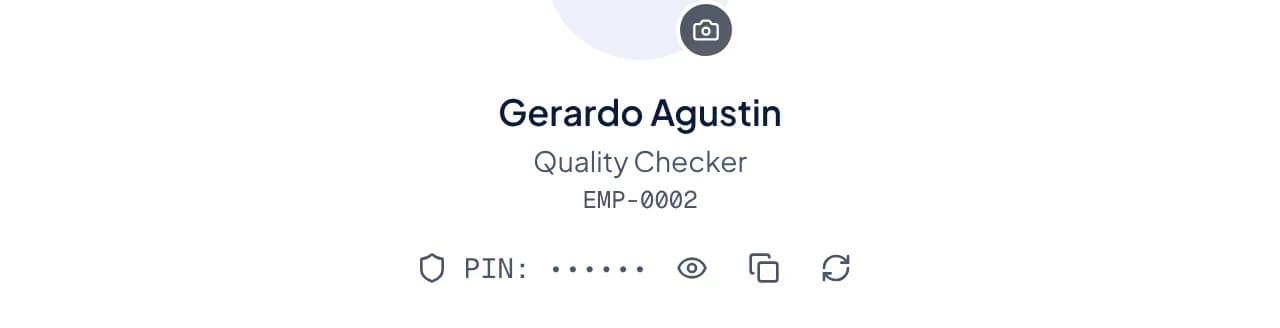 The hidden PIN under the employee number, with the eye, copy and refresh buttons beside it.