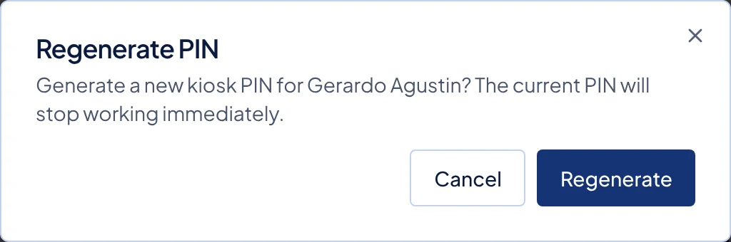 The Regenerate PIN window, with Cancel and Regenerate.