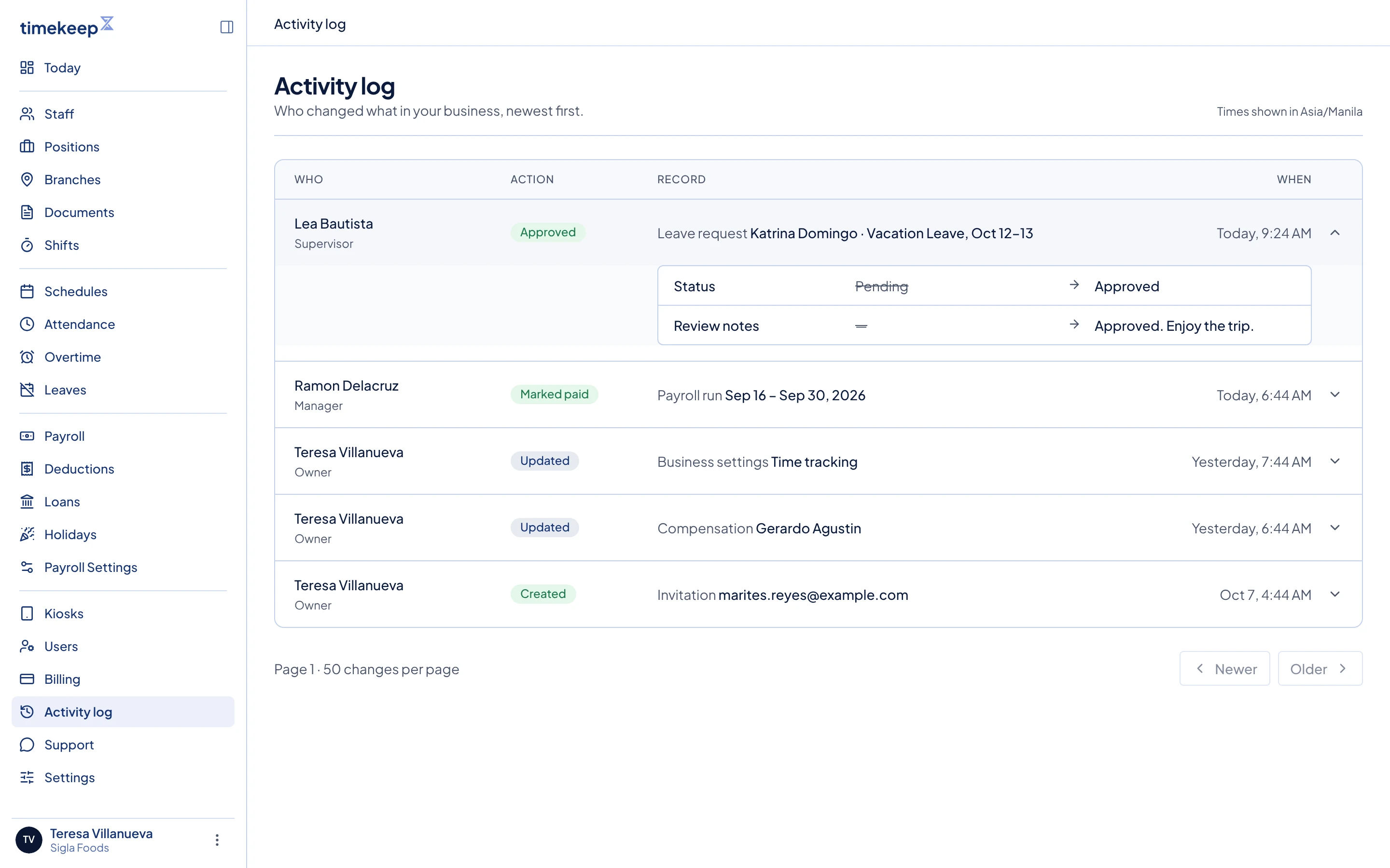 The Activity log with the first row open, showing Status changed from Pending to Approved.