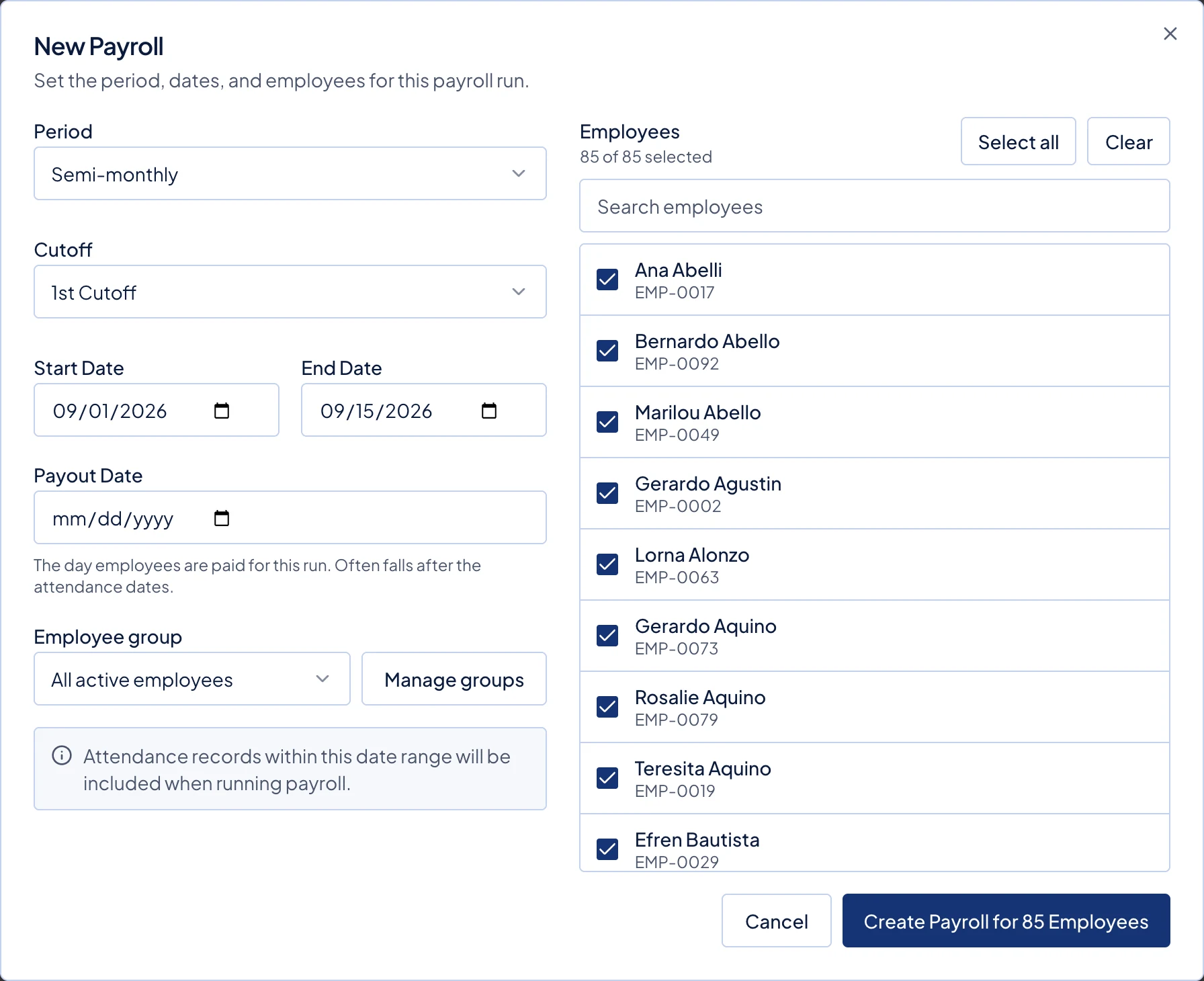 The New Payroll dialog. Attendance dates are on the left with the Payout Date below them, and the employee list is on the right.