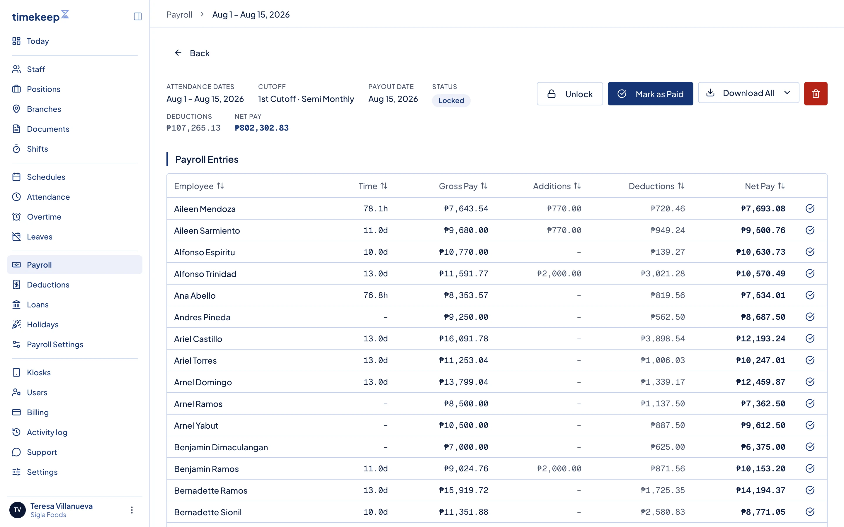 A draft payroll run. Run Payroll, Lock and Download All sit above Payroll Entries.
