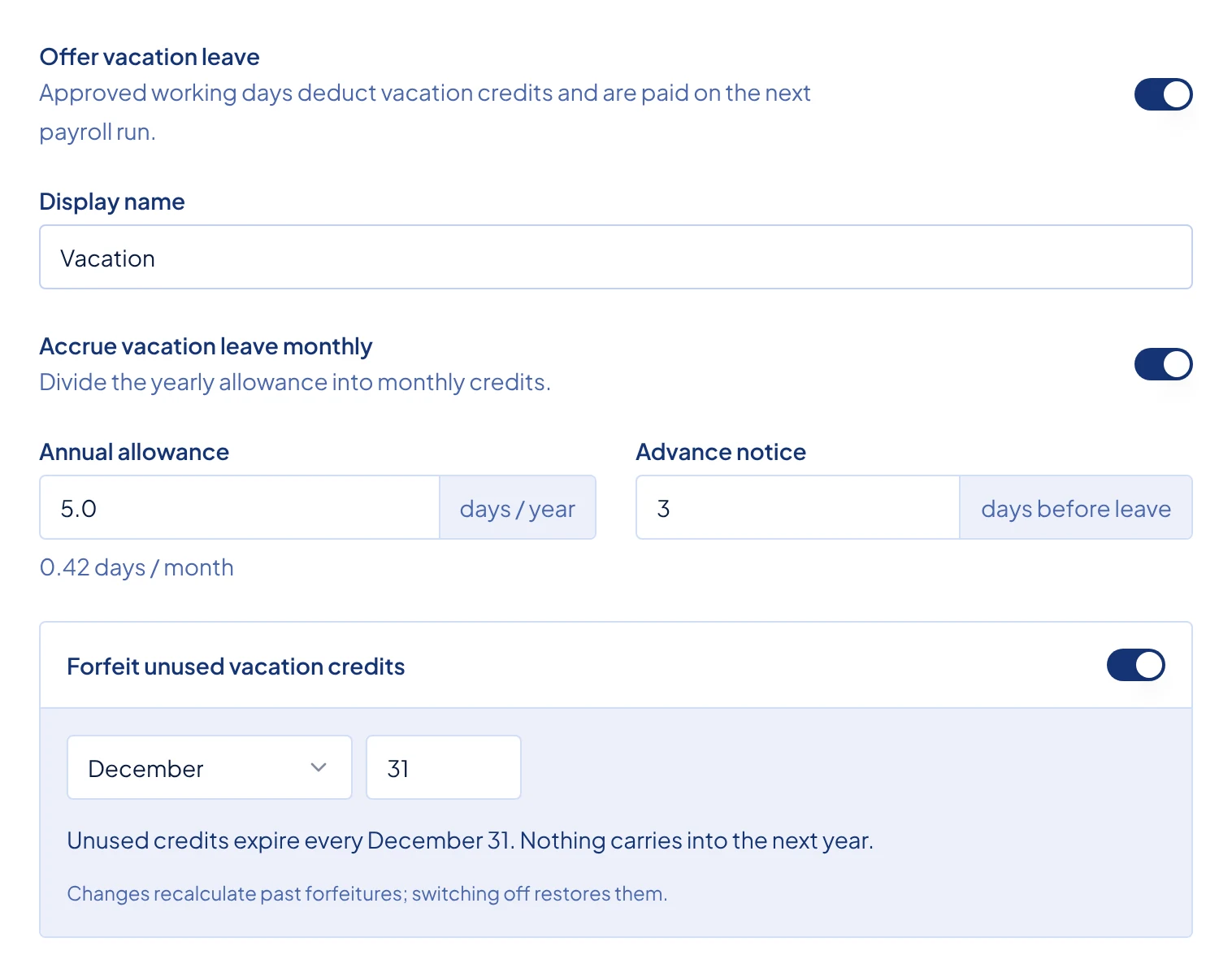 The vacation section of the Leave card, with monthly accrual on, an annual allowance of 5 days, 3 days of advance notice, and credits expiring on 31 December.