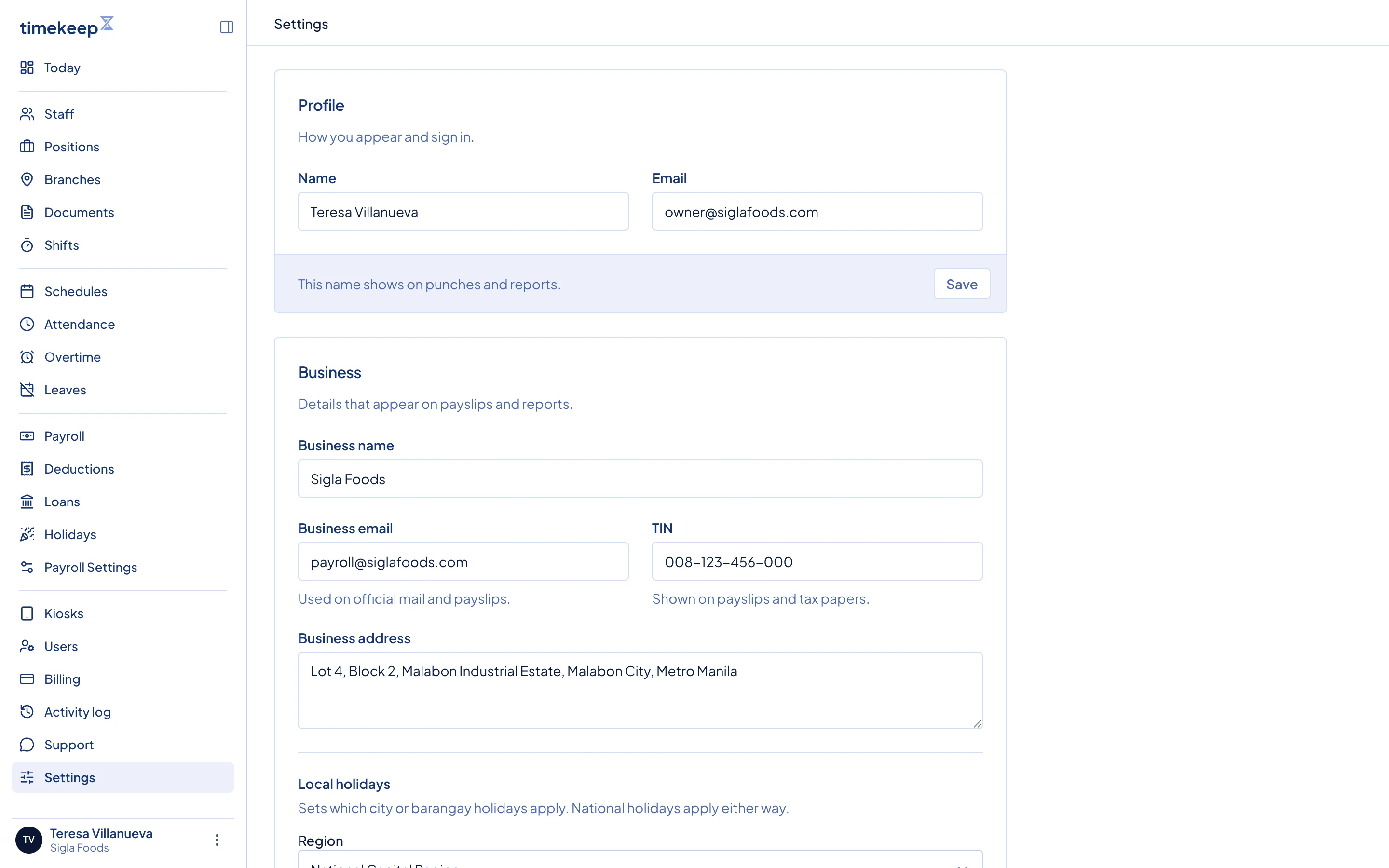The Settings page, with the Business card below Profile.