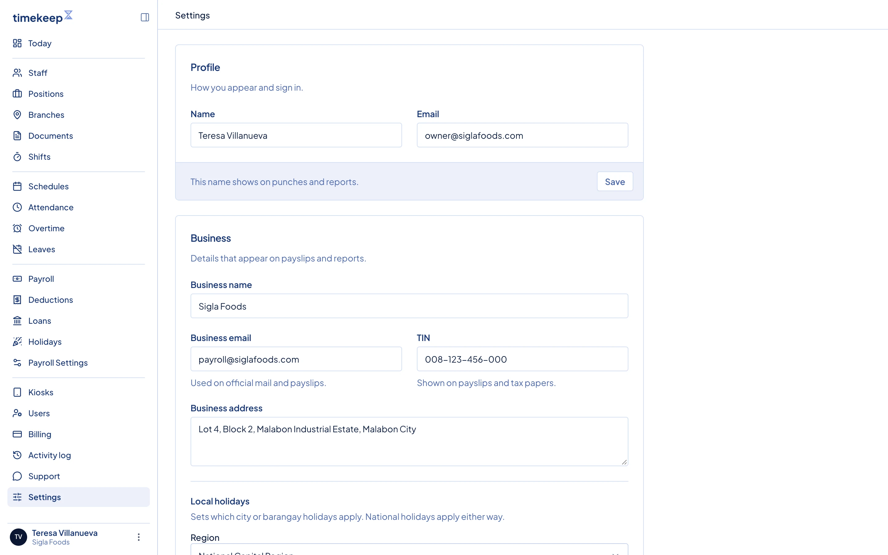 The Settings page, with the Business card below Profile.