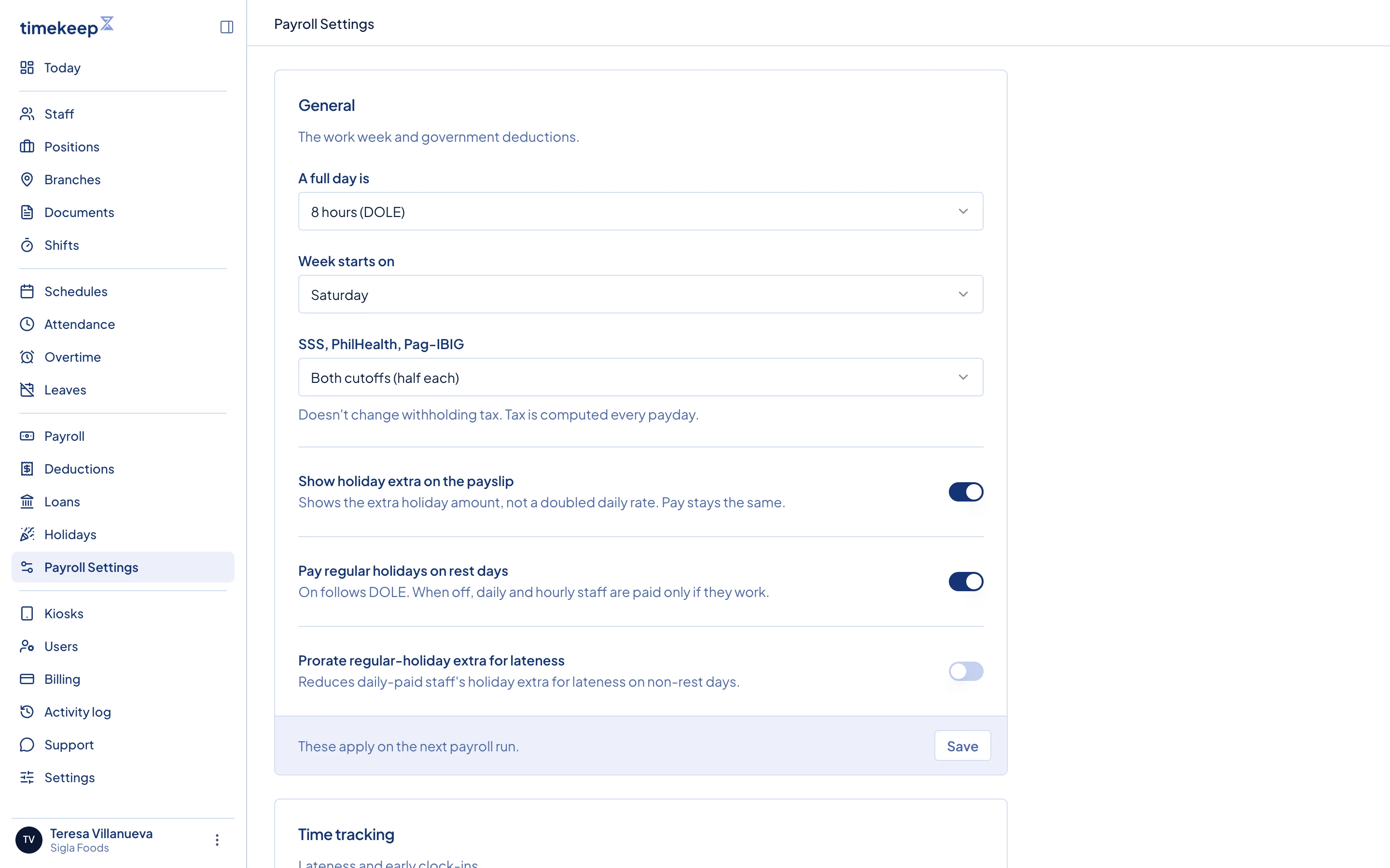 Payroll Settings. General, Time tracking and Overtime each save on their own.