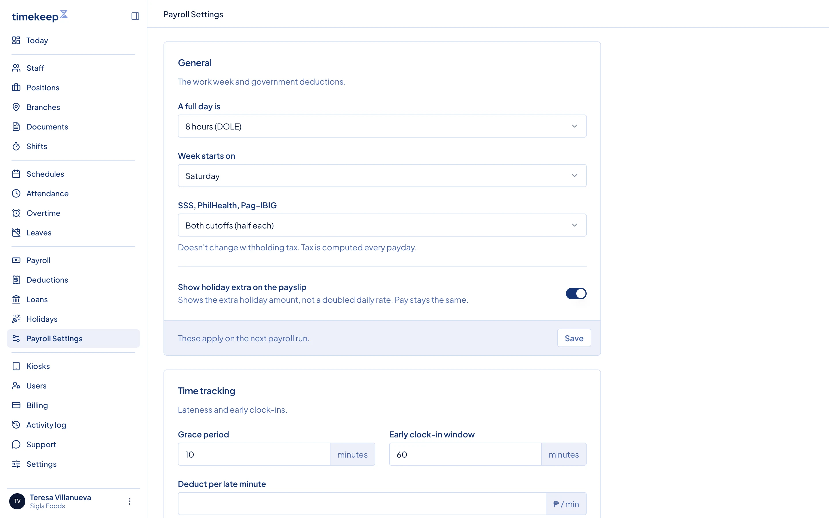 Payroll Settings. General, Time tracking and Overtime each save on their own.