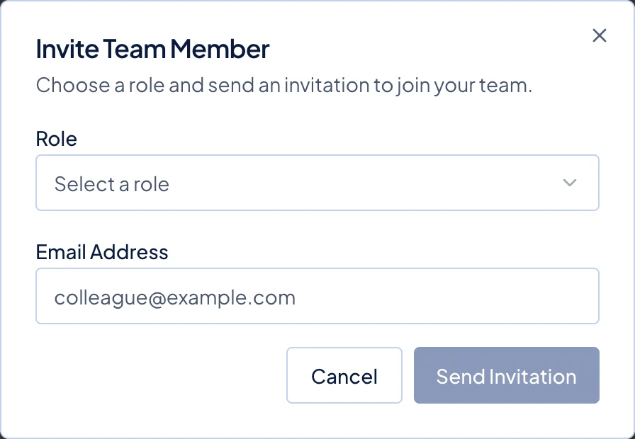 The Invite Team Member dialog, opened from Invite User.