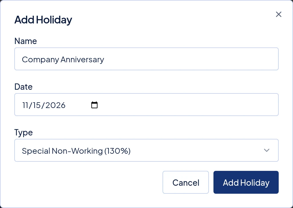 The Add Holiday dialog with a Name, a Date and the Type box.