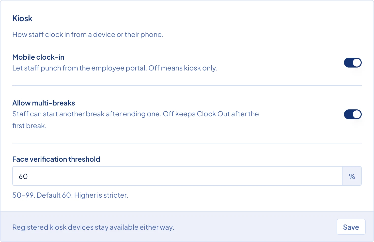 The Kiosk card in Settings, with the Face verification threshold at the default of 60.
