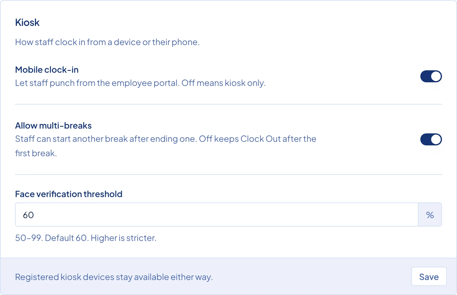 The Kiosk card in Settings, with the Mobile clock-in switch.