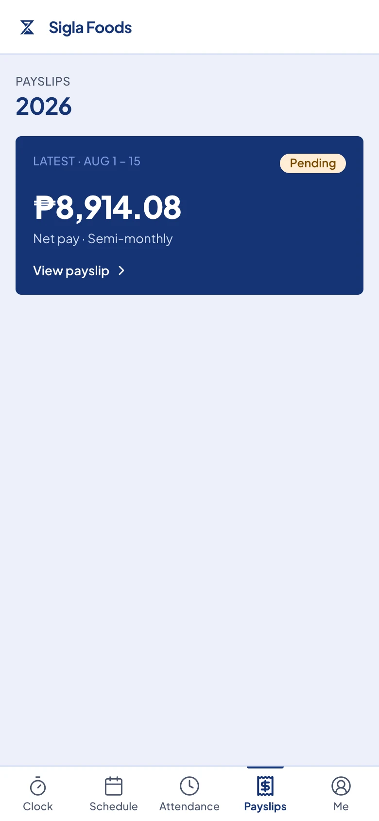 The Payslips page. The newest payslip is the card at the top.