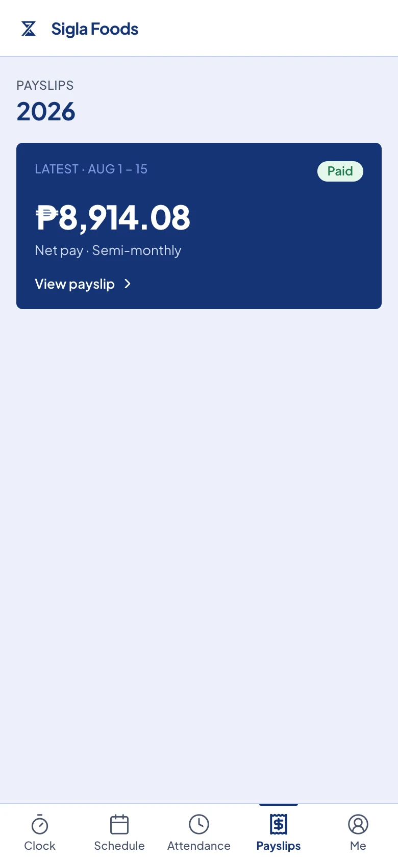 The Payslips page. The newest payslip is the card at the top.