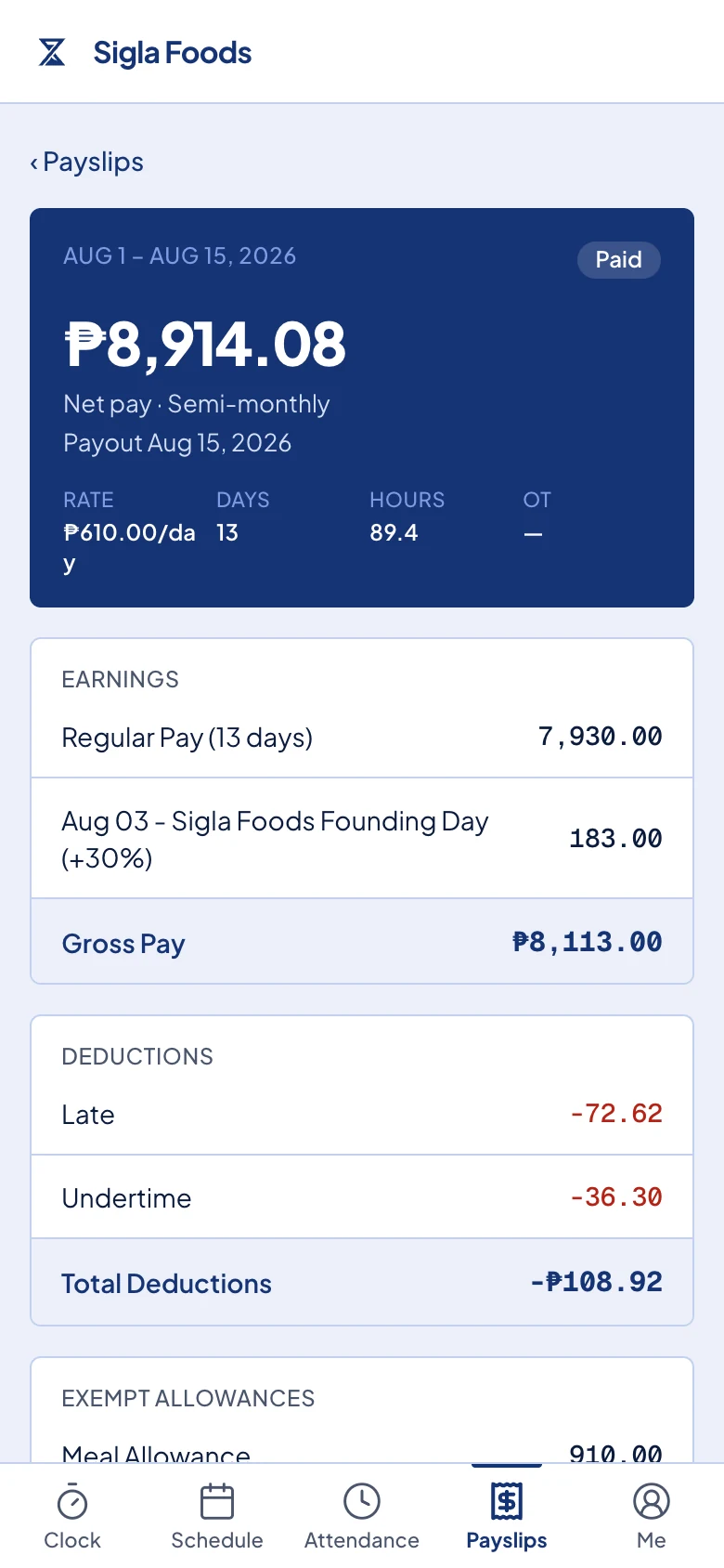 An open payslip, with net pay at the top.