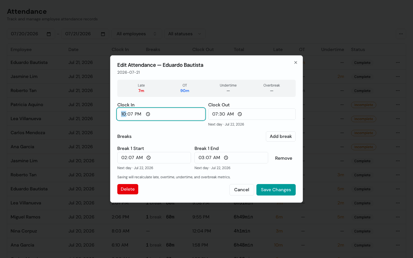 Timekeep attendance detail showing a single attendance record