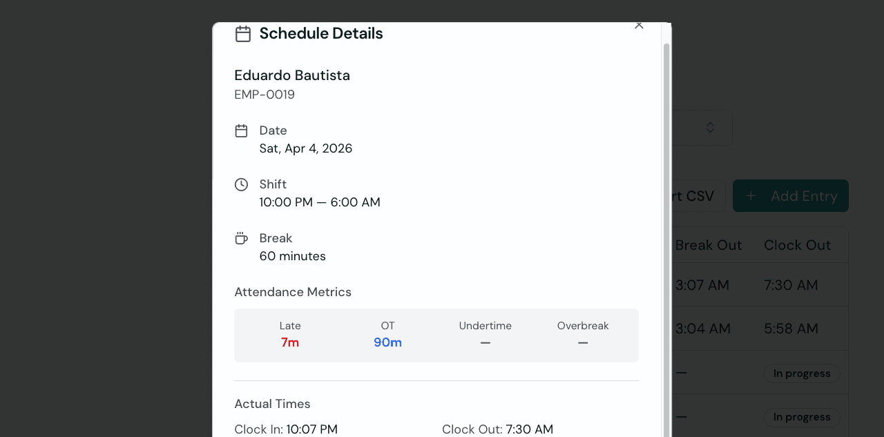 Timekeep attendance detail showing overtime minutes and approval status