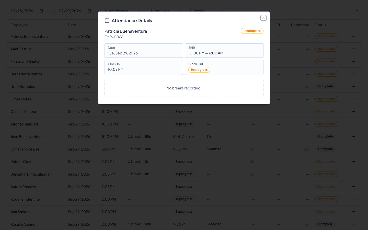 Timekeep attendance detail showing overtime minutes and approval status