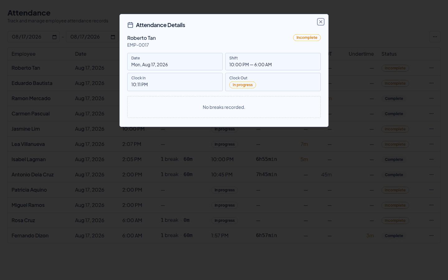 Timekeep attendance detail showing overtime minutes and approval status