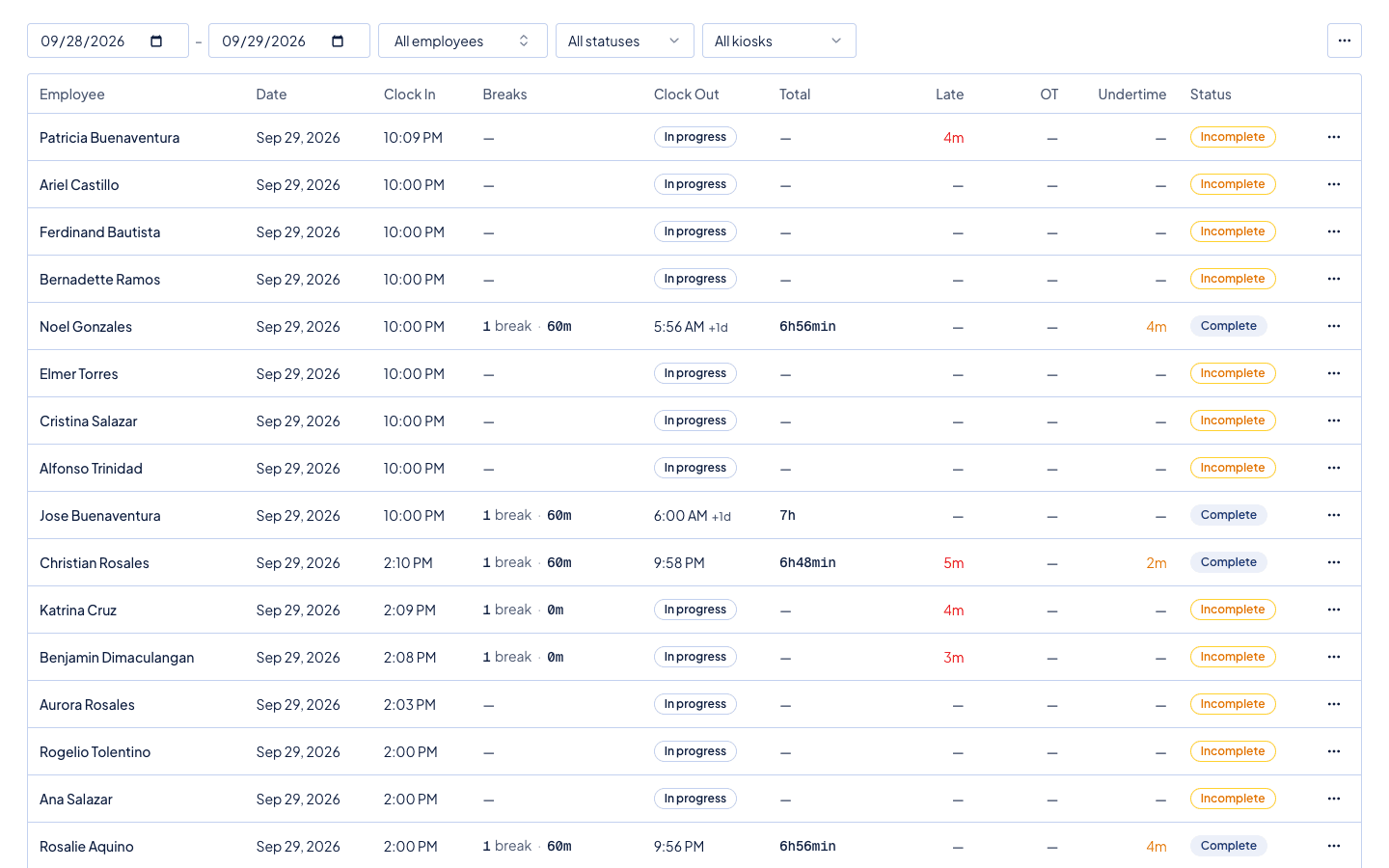 Timekeep attendance view showing clock-in and clock-out times