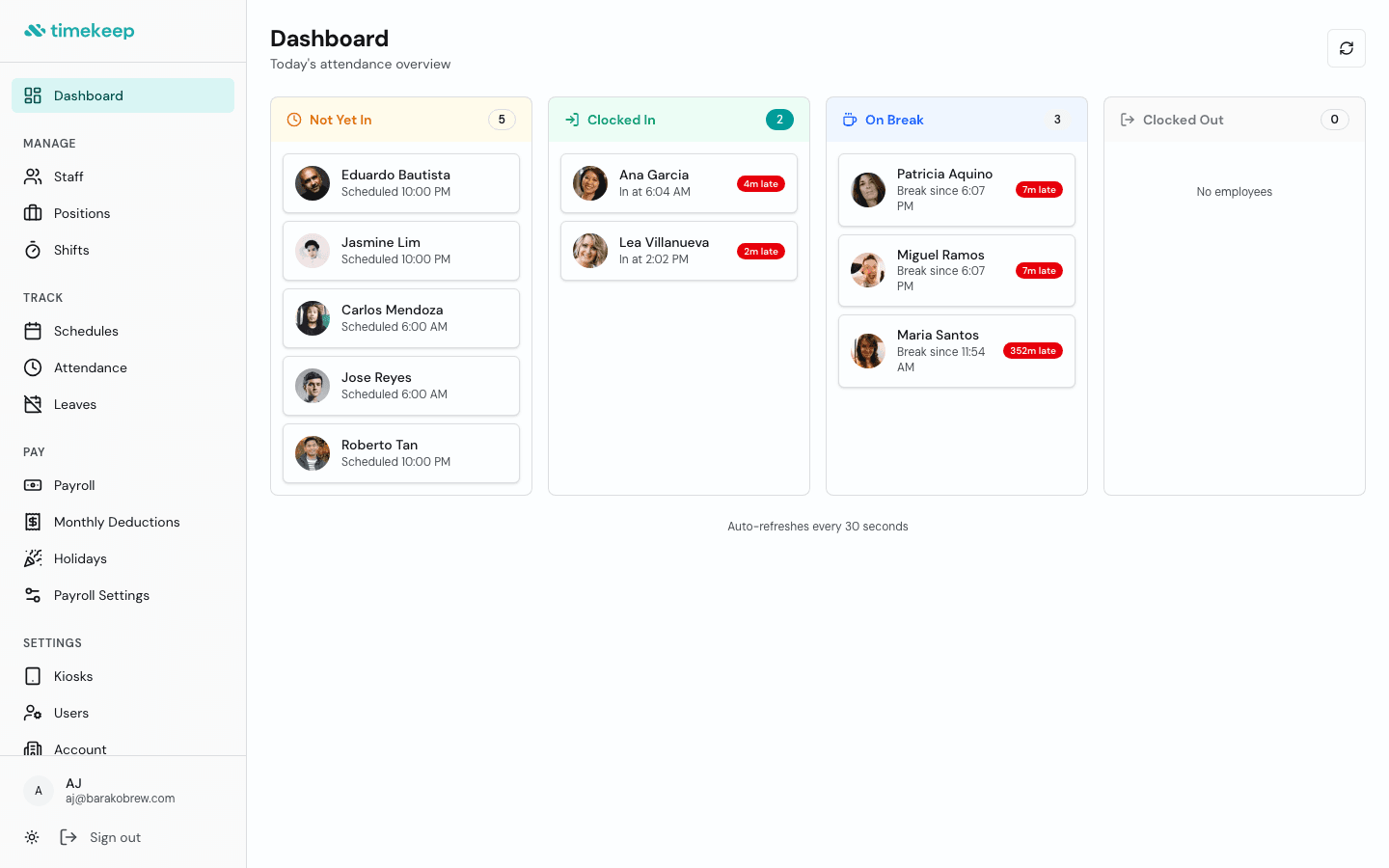 Timekeep dashboard showing real-time attendance board with employee status columns
