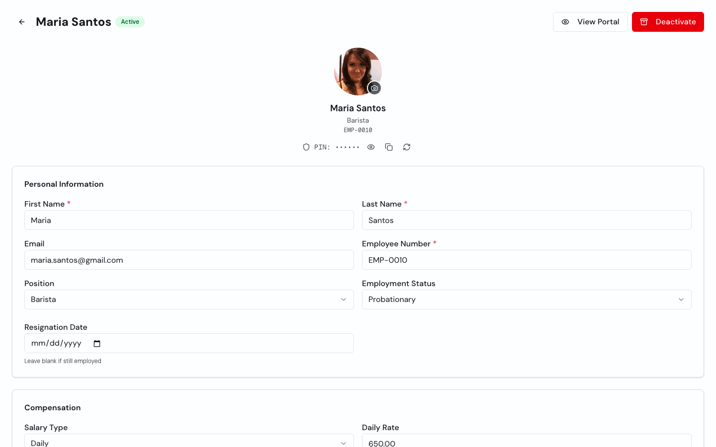 Timekeep employee detail page showing contributions and rates