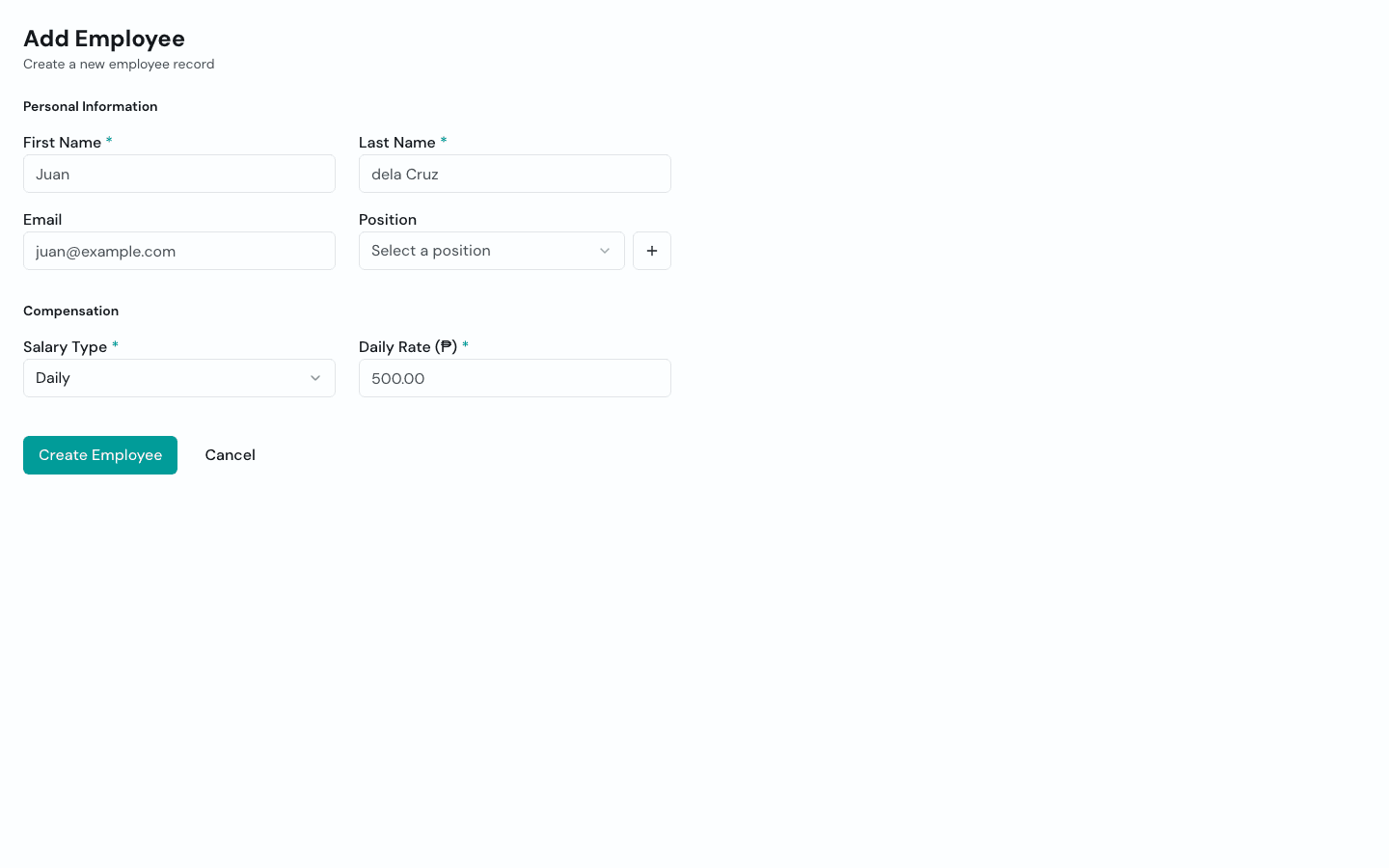 Timekeep employee form showing name, position, rate, and government ID fields