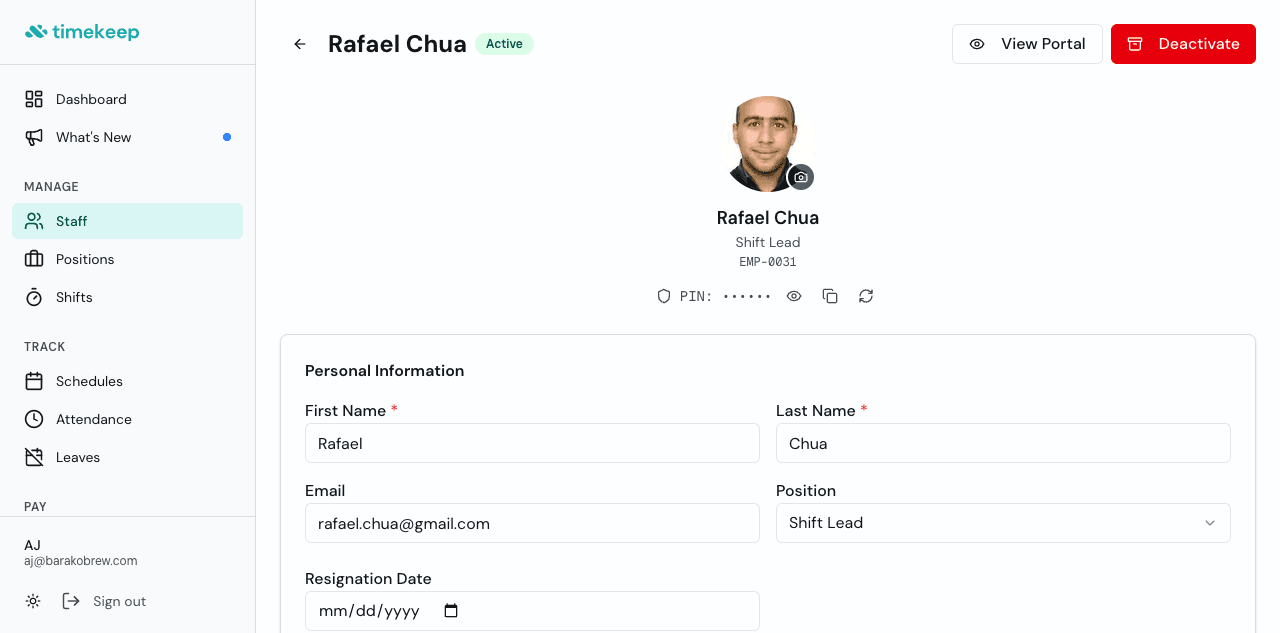 Timekeep employee form showing name, position, rate, and government ID fields