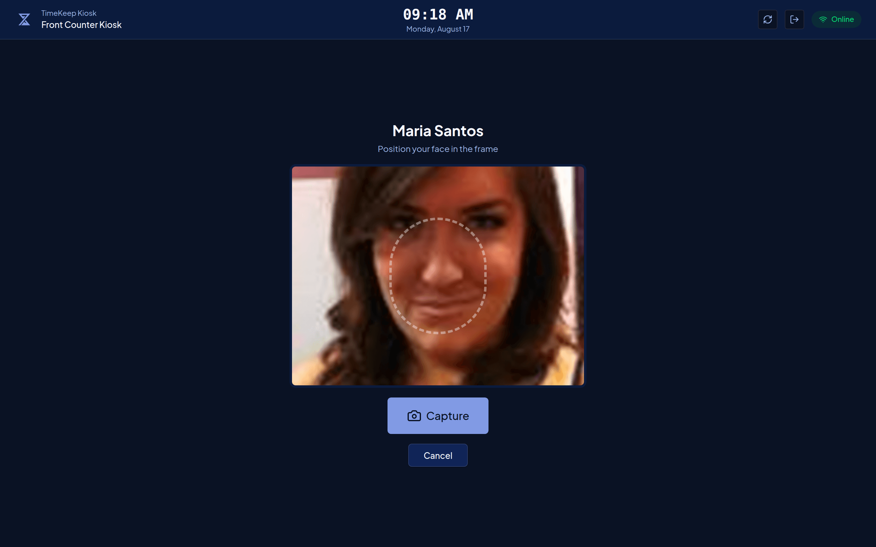Kiosk clock-in screen with photo verification on a shared tablet