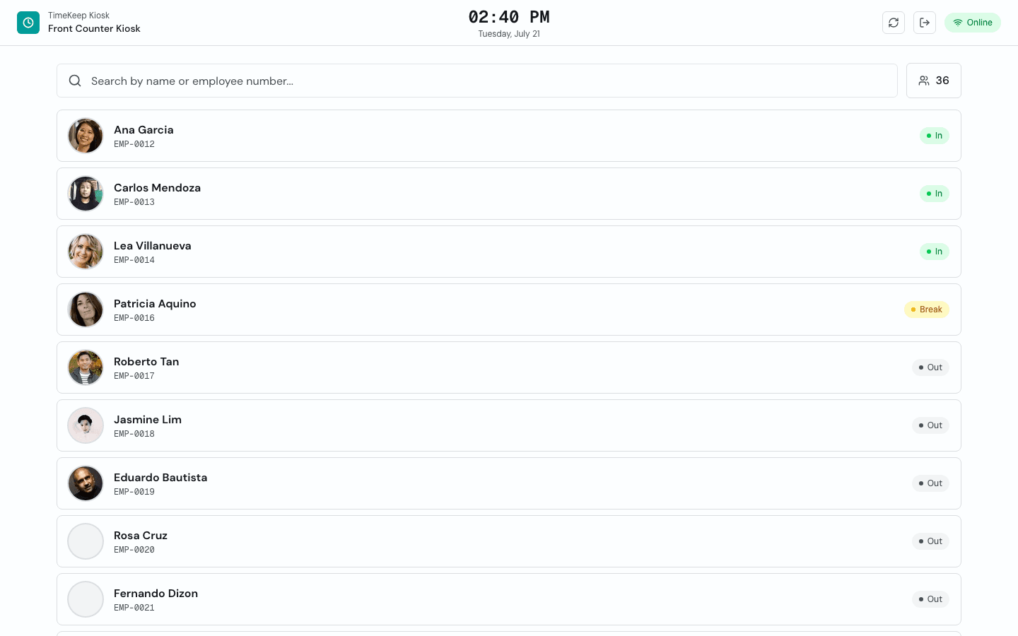 Timekeep kiosk mode showing employee list for clock-in with face verification