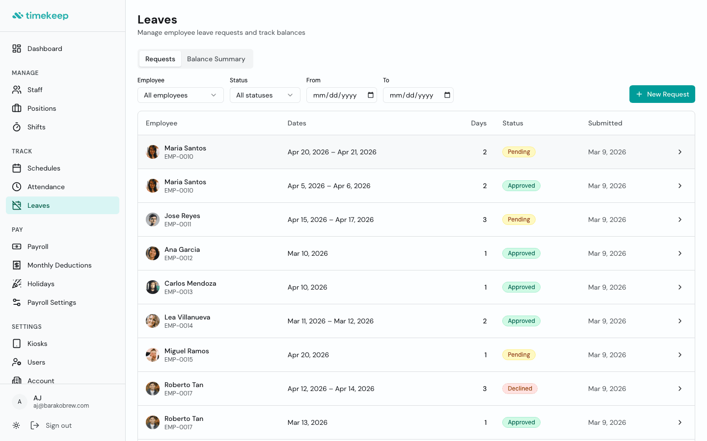Timekeep leave management showing leave requests and balances