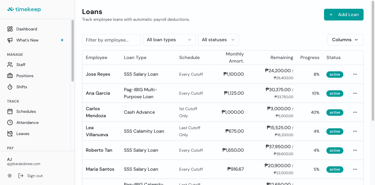 Timekeep loans page showing active loans with balances and payment progress