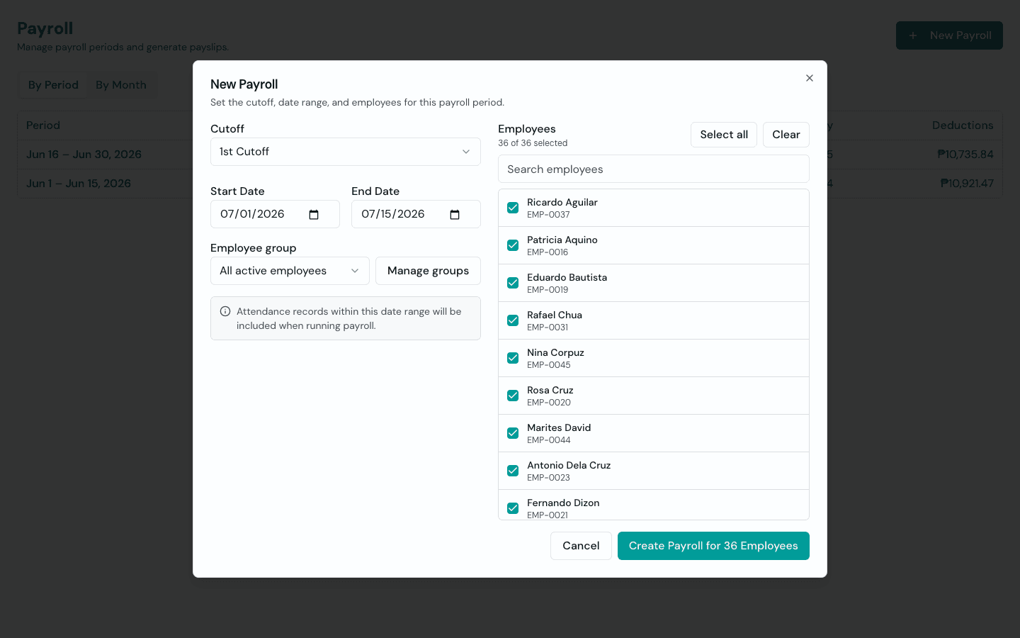 Timekeep new payroll dialog showing cutoff selection and date range