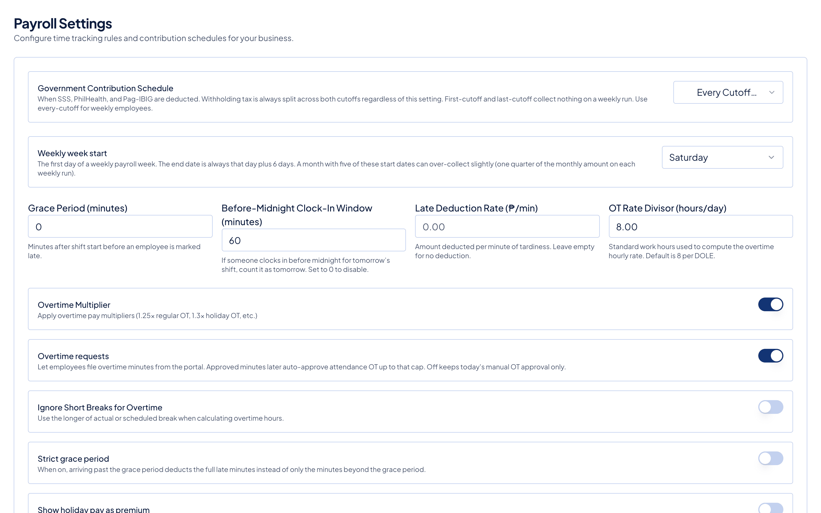 Payroll Settings with the Overtime requests switch turned on
