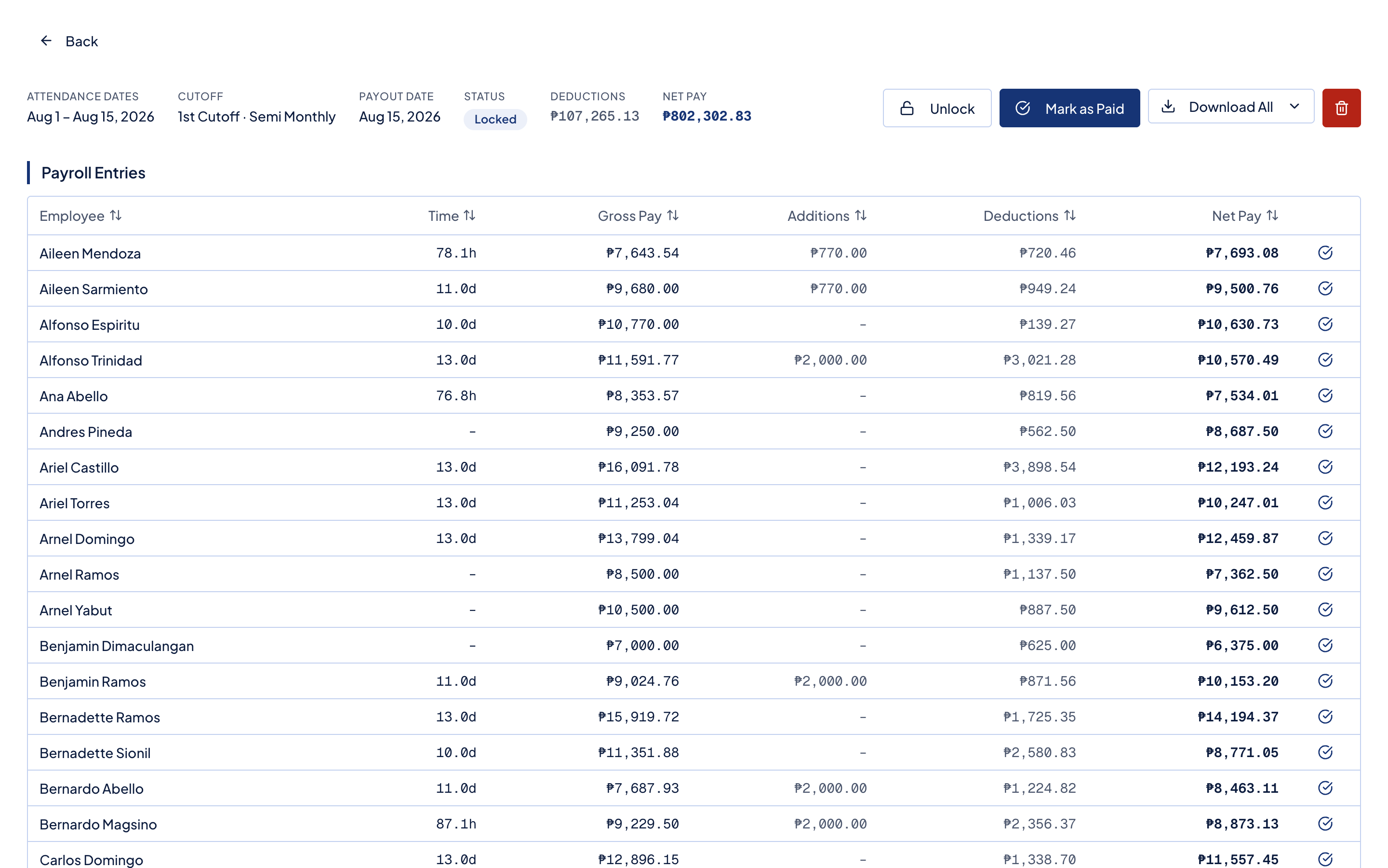 Timekeep payroll detail with earnings, government deductions, and net pay
