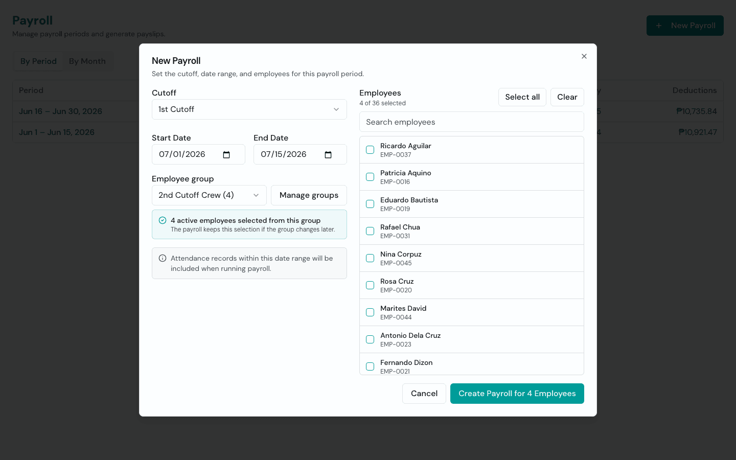 Applying a saved employee group in the New Payroll dialog, with four employees selected