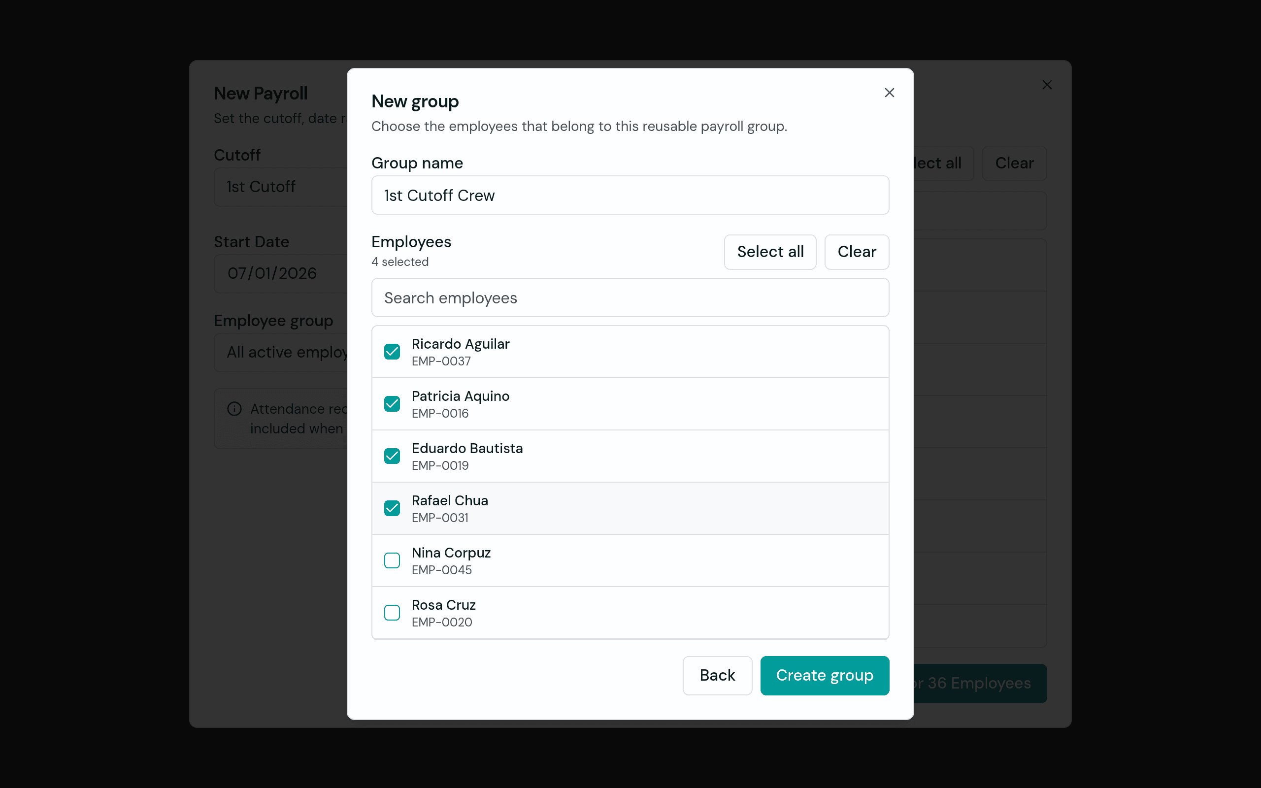 Creating a new employee group in Timekeep with a group name and selected employees