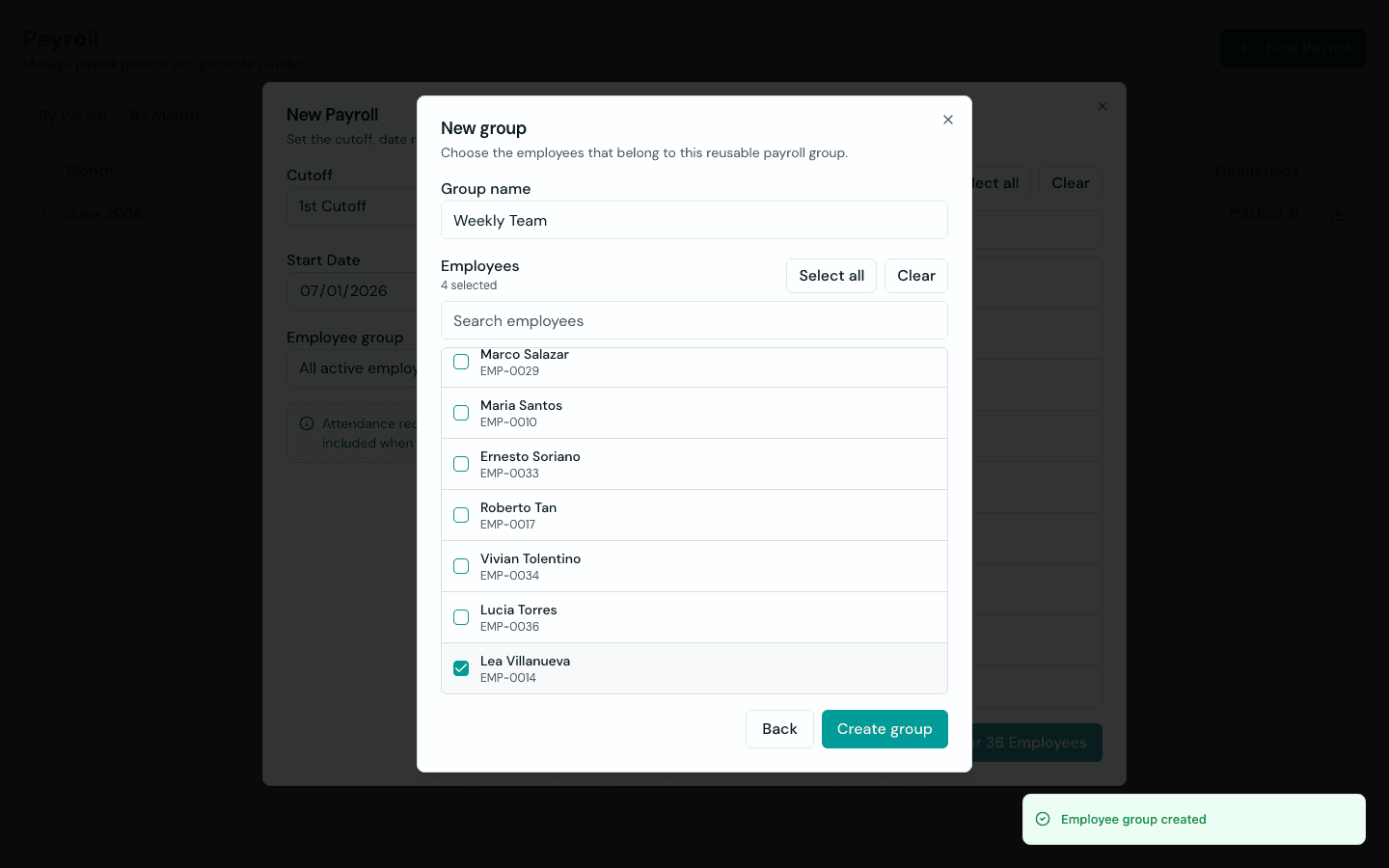 Creating a new employee group in Timekeep with a group name and selected employees