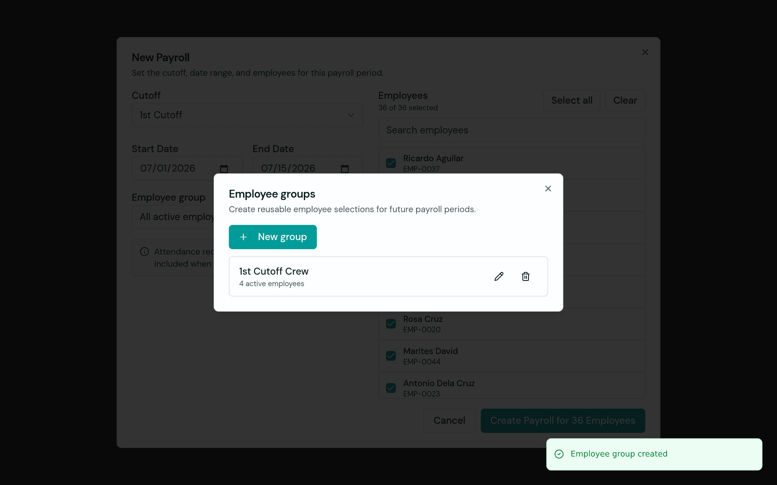 The employee groups list in Timekeep showing a saved group with four active employees