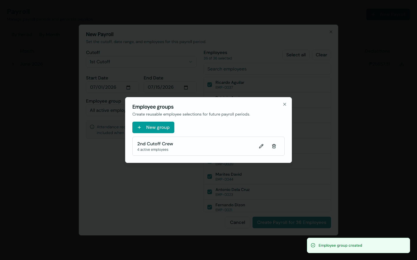 The employee groups list in Timekeep showing a saved group with four active employees
