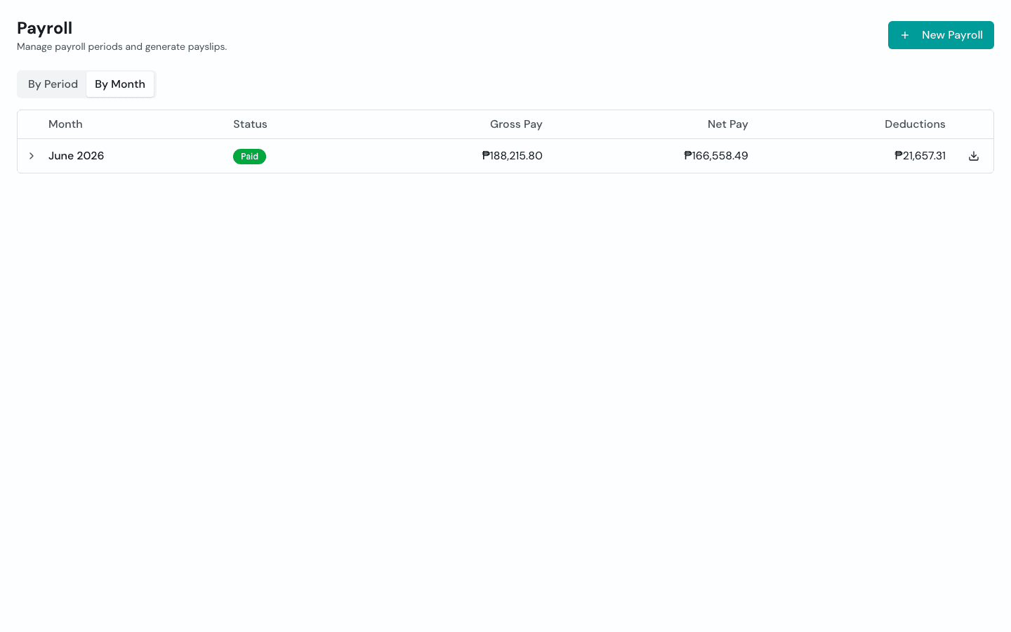 Timekeep bookkeeper payroll view with By Month tab and download icon